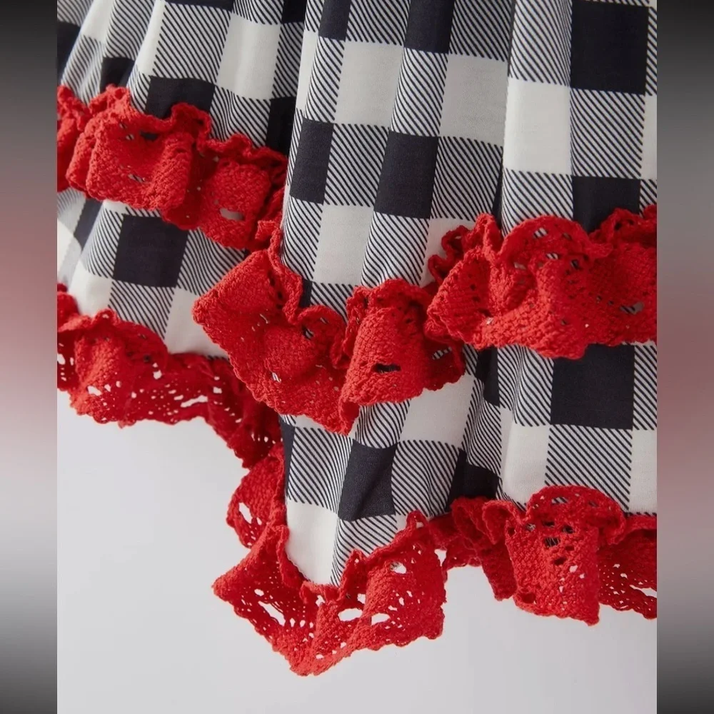 Plaid Long Sleeve Dress with Heart and Ruffle Details
